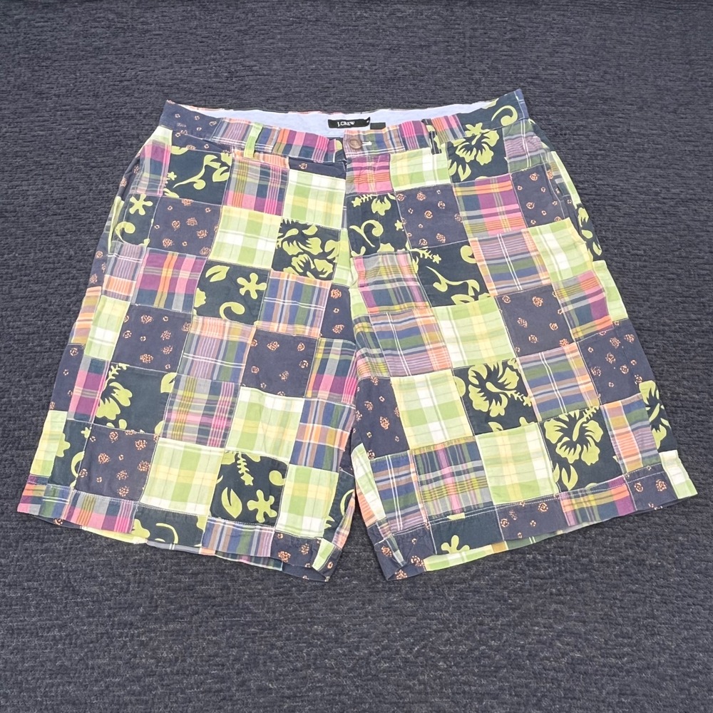 J.Crew Mens Patchwork Plaid Floral Cotton Shorts Multi Color Size 35 Flat Front